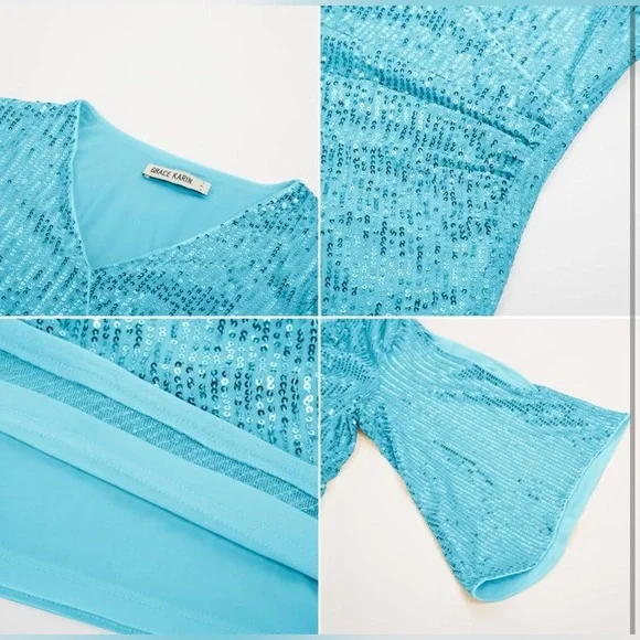 GRACE KARIN Sequin Top 3/4 Sleeve Glitter Sparkly Party Blouse V-Neck Dressy Top - Picture 6 of 6